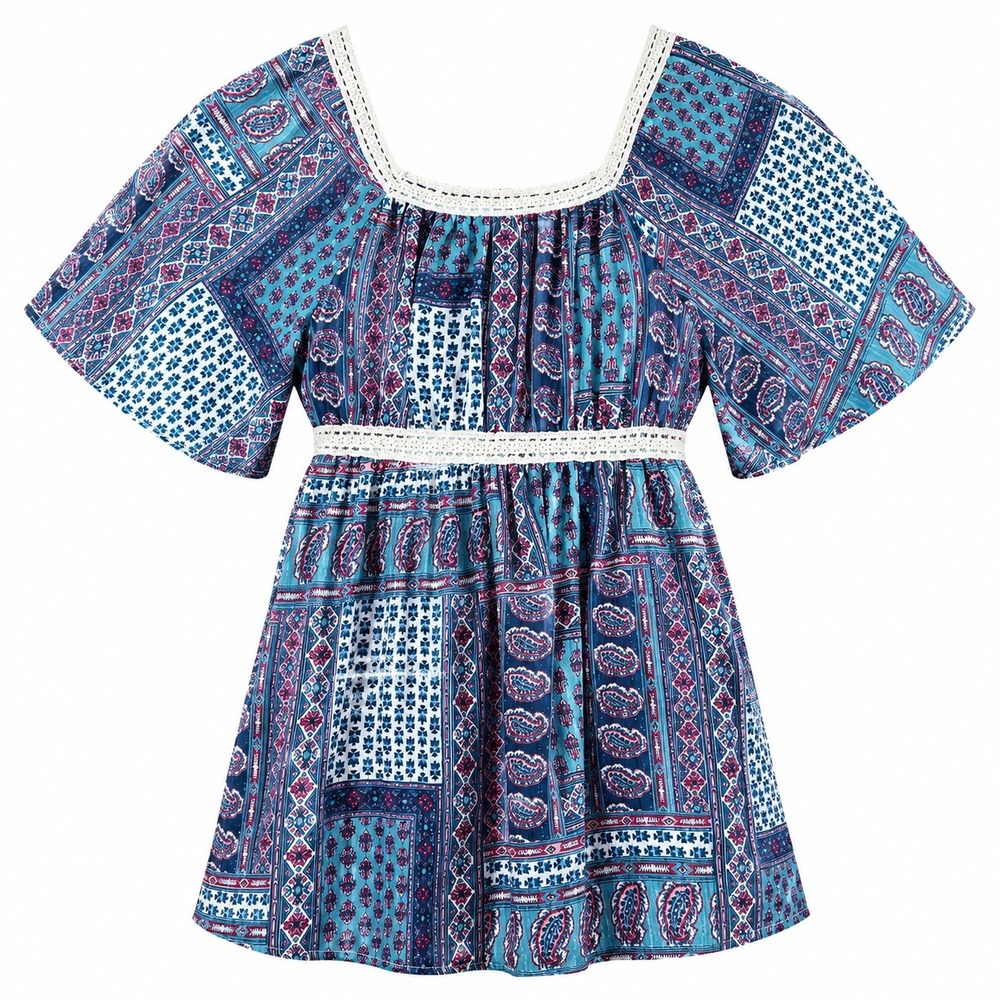 Paisley Patchwork babydoll tunic Top Large boho cottage crochet blue folk hippie